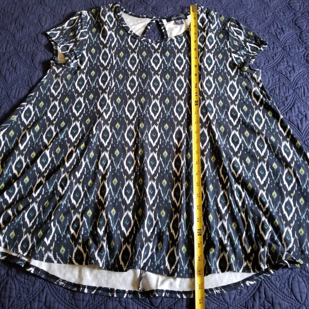 NWOT Karen Kane Ikat Print Crew-neck Cap-sleeve Hi-Lo Elliptical Top Made in USA - Picture 10 of 11